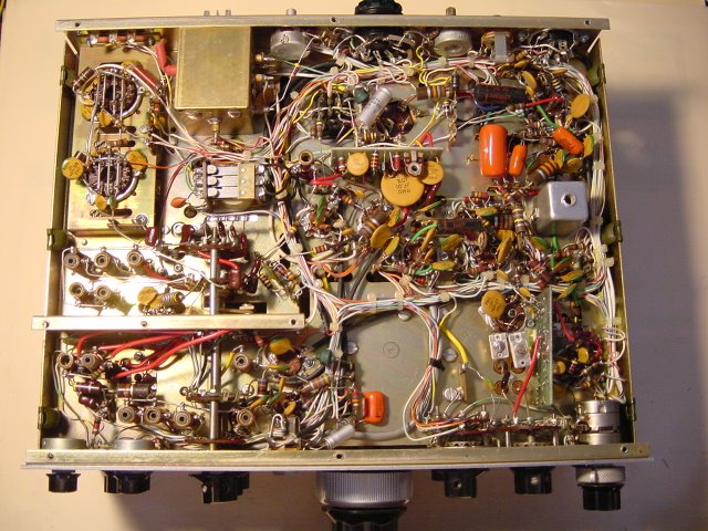 Close-up photo of the Swan with the bottom removed. Lots of hand-wired components